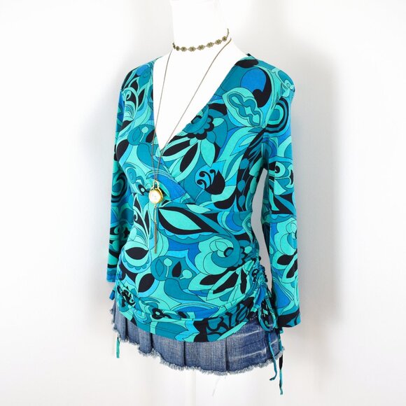 VTG 00s Y2K A. Byer Teal & Black Abstract Floral Paisley 3/4 Quarter Sleeve Top - Picture 2 of 8